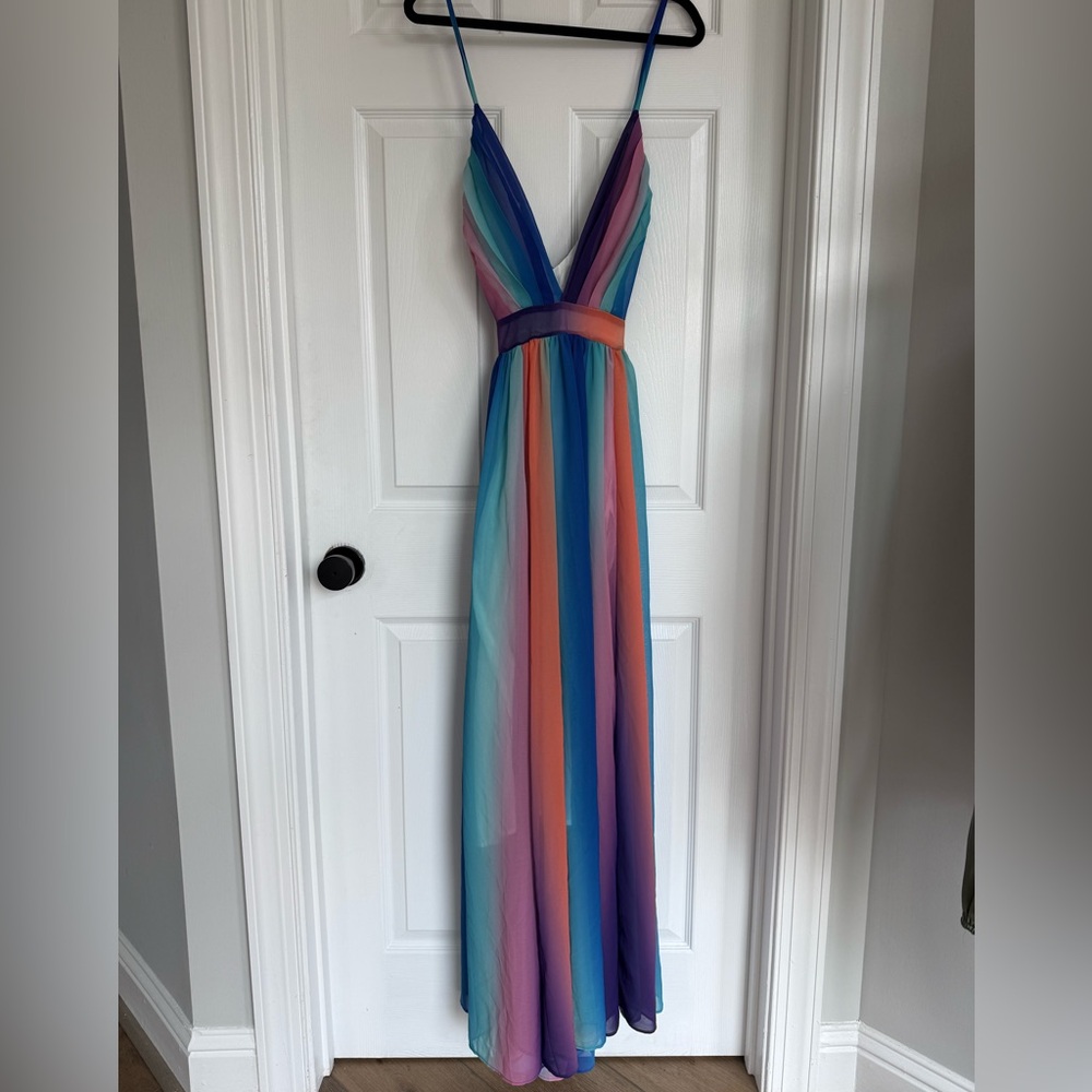Rainbow Stripe V-Neck Spaghetti-Strap Maxi Dress